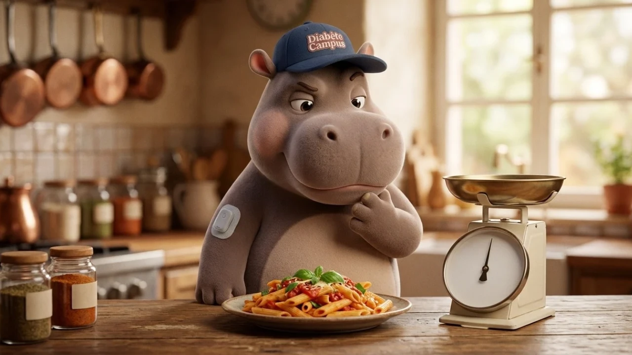 Hyppo regarde une assiette de pâtes, à côté d'une balance de cuisine