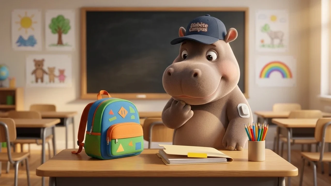 Hyppo, dans une salle de classe, regarde un cartable et un dossier posés sur un pupitre