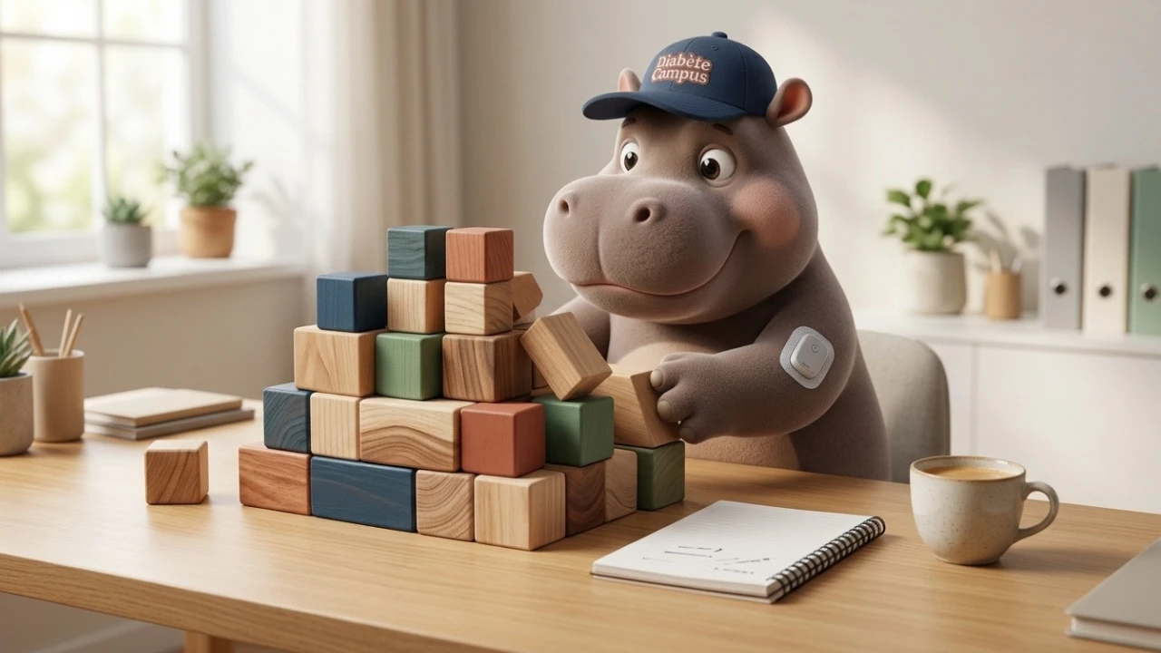 Hyppo, la mascotte de Diabète Campus, construit une pile de cubes de bois sur un bureau