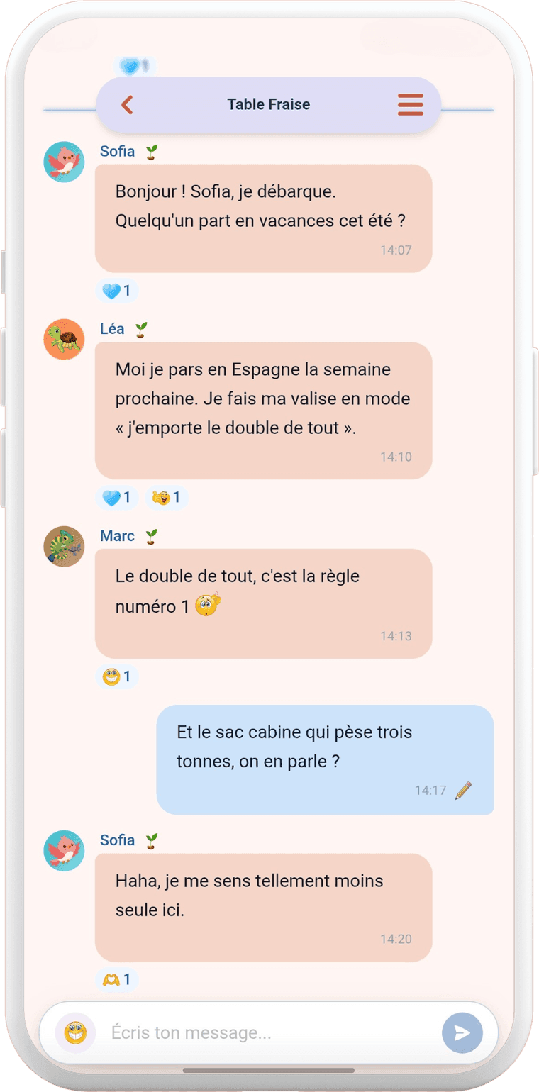 Une table de discussion de la Cafétéria, où des membres échangent sur leurs vacances et sur le diabète de type 1