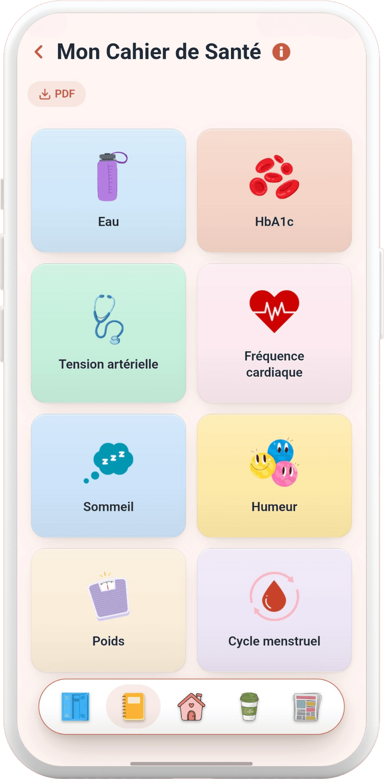 Le cahier de santé de l'application : les cartes eau, HbA1c, tension artérielle, fréquence cardiaque, sommeil, humeur, poids et cycle menstruel