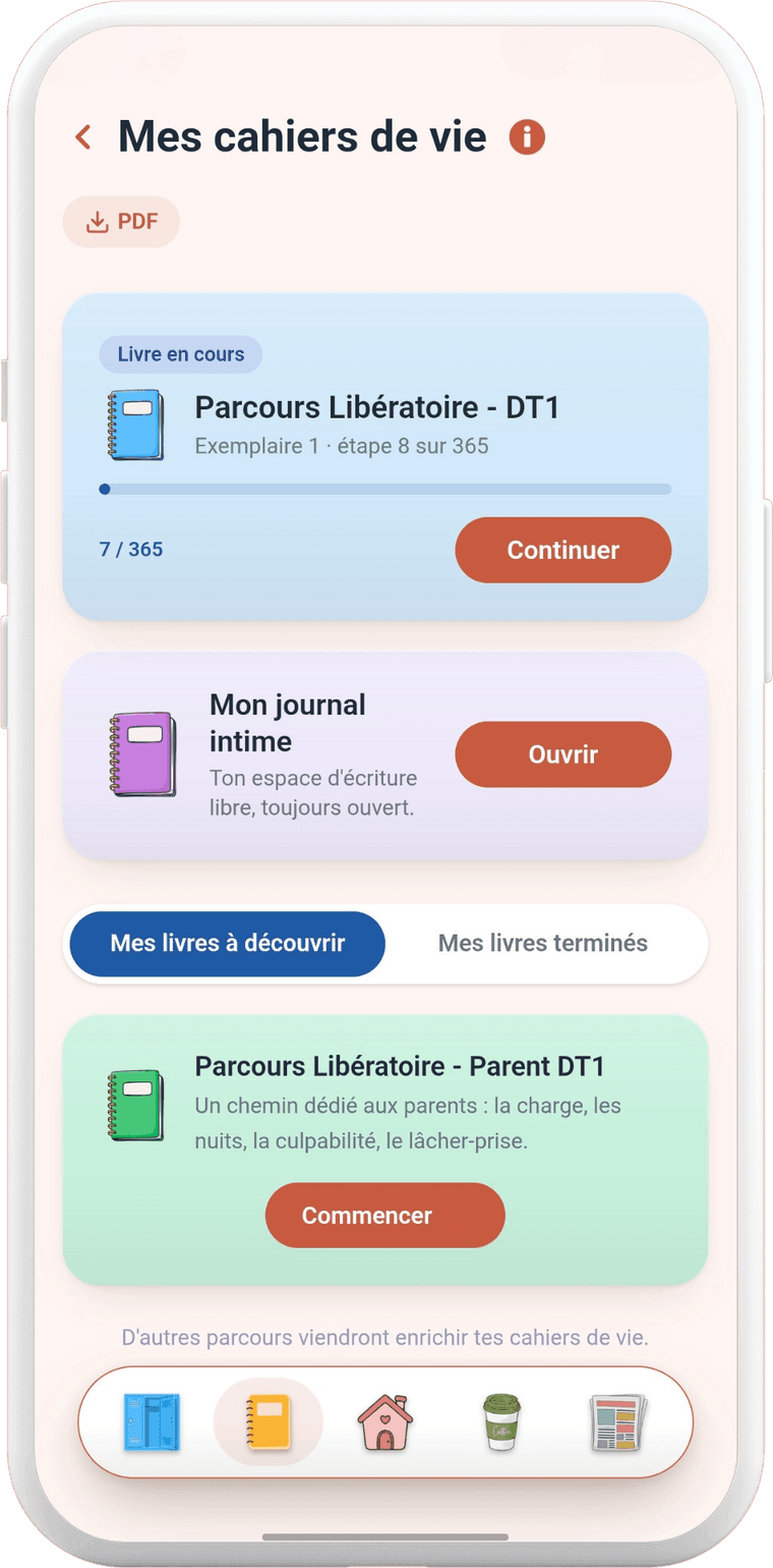 Les cahiers de vie de l'application : un parcours d'écriture en cours, un journal intime, et un parcours dédié aux parents d'enfants diabétiques