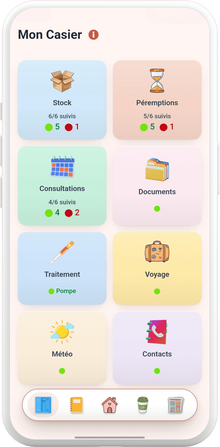 Le Casier de l'application : huit tuiles pour le stock, les péremptions, les consultations, les documents, le traitement, le voyage, la météo et les contacts