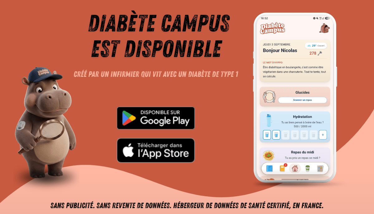 La mascotte Hyppo, portant un capteur de glucose, présente l'application Diabète Campus disponible sur Google Play et sur l'App Store, à côté d'un téléphone affichant l'écran d'accueil de l'application.