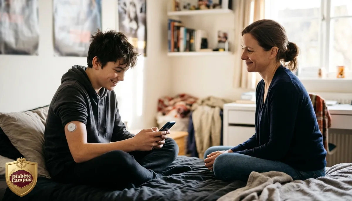 Un adolescent diabétique de type 1, un capteur de glucose sur le bras, sourit en regardant son téléphone, assis sur son lit ; sa mère, assise en face de lui, le regarde avec bienveillance sans regarder l'écran.