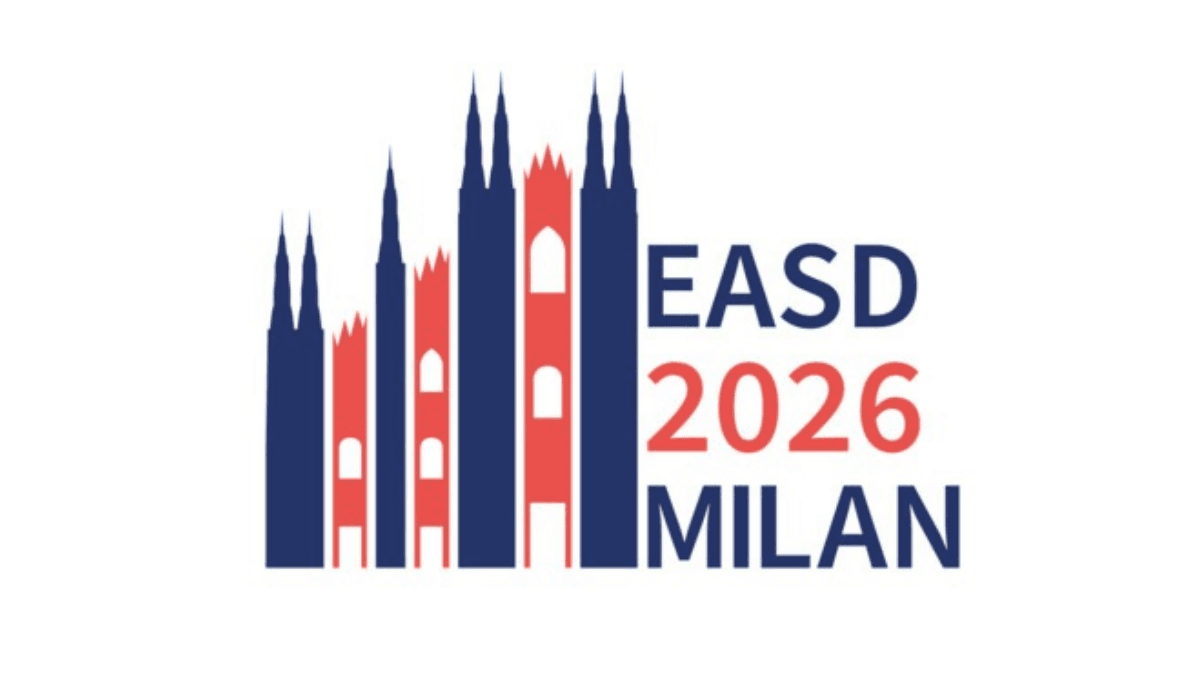 Logo du 62e congrès de l'EASD : la silhouette des flèches de la cathédrale de Milan en bleu et rouge, à côté de l'inscription EASD 2026 Milan.