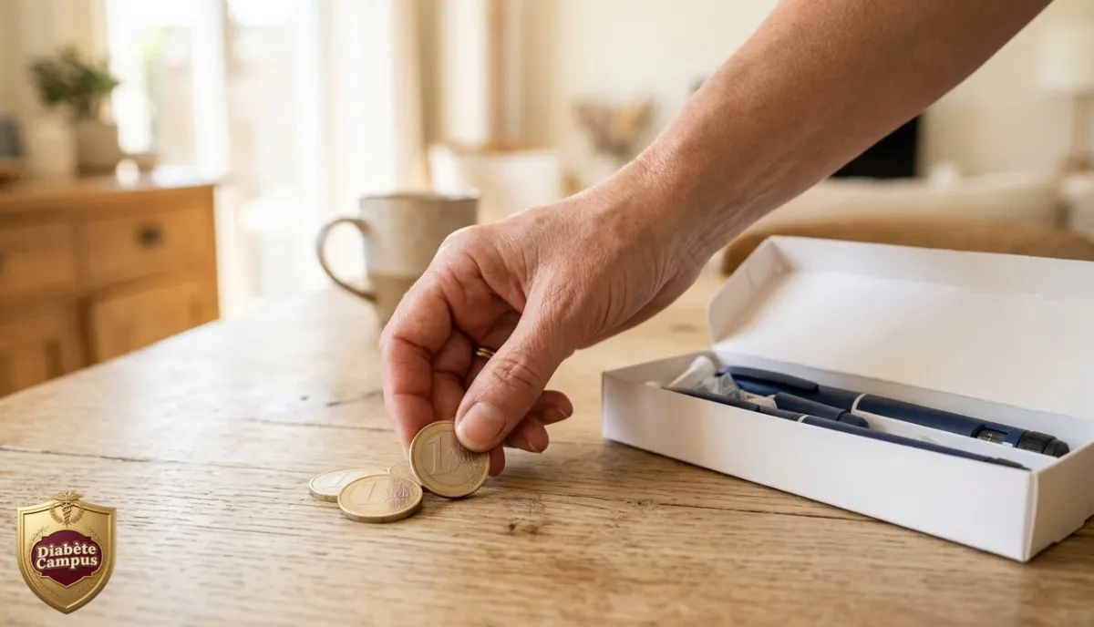 Une main dépose des pièces d'un euro sur une table en bois, à côté d'une boîte blanche ouverte contenant des stylos à insuline.