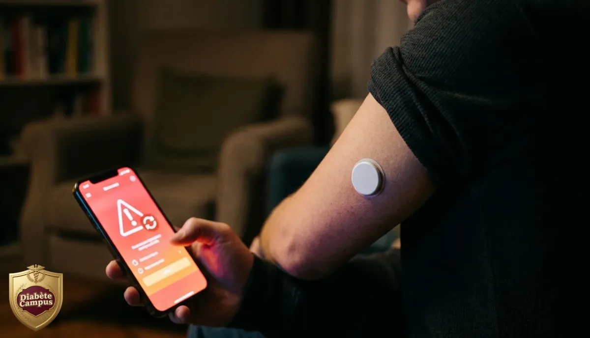 Dans une pièce sombre, une personne tient un smartphone dont l'écran rouge affiche un triangle d'avertissement et une icône de mise à jour ; un capteur de glucose rond et blanc est posé sur l'arrière de son bras.