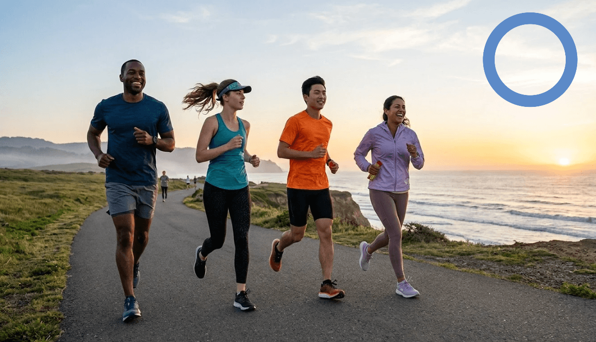 Un groupe de 4 coureurs souriants sur un chemin en bord de mer au lever du soleil, avec dans le ciel le cercle bleu, symbole mondial du diabète.