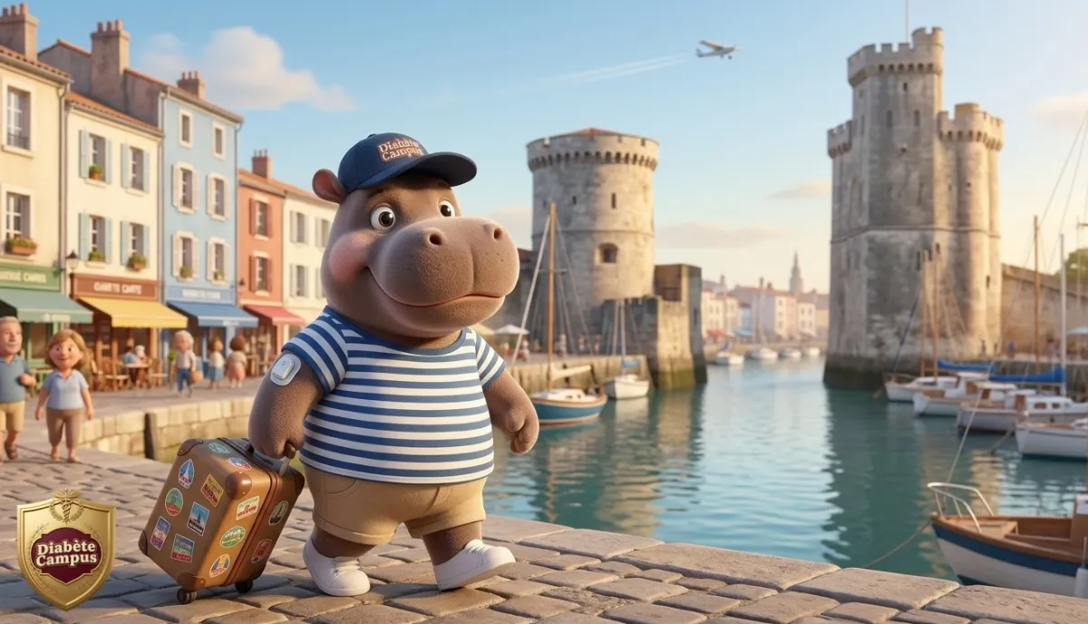 Hyppo, la mascotte de l'application Diabète Campus, en marinière, short et tennis, un capteur de glucose sur le bras, tire sa valise sur le quai du Vieux-Port de La Rochelle, entre ses tours, un avion dans le ciel.