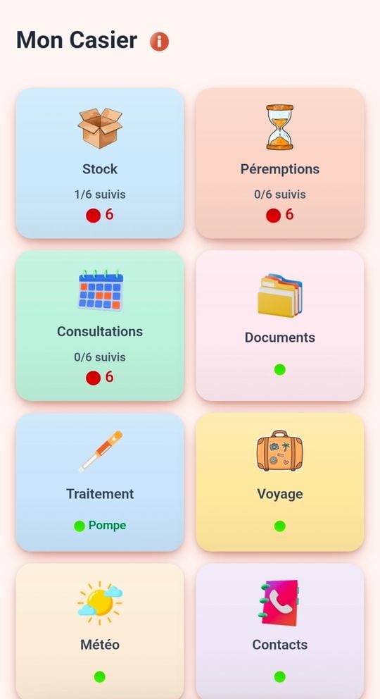 Le Casier de l'application Diabète Campus, avec la carte Voyage parmi les cartes Stock, Péremptions, Consultations, Documents, Traitement, Météo et Contacts.