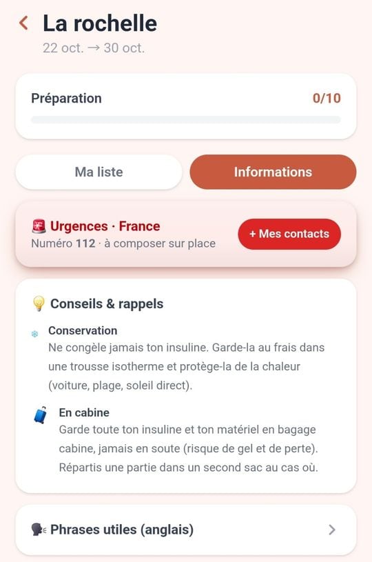L'onglet Informations du voyage : urgences en France, numéro 112, conseils de conservation et de bagage en cabine, et les phrases utiles en anglais.