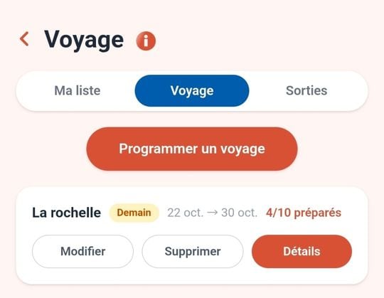 L'onglet Voyage : le bouton Programmer un voyage et la carte du voyage La Rochelle, du 22 au 30 octobre, marquée Demain, 4 sur 10 préparés.