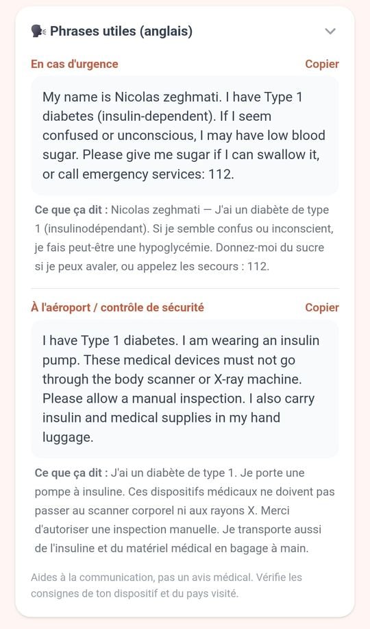 Les phrases utiles en anglais : une phrase en cas d'urgence et une phrase pour le contrôle de sécurité de l'aéroport, avec leur traduction en français.